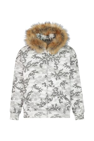 Unisex Autumn Winter Snow Camouflage Fleece-Lined Hooded Zipper Sweatshirt - Stylish Streetwear for Men and Women