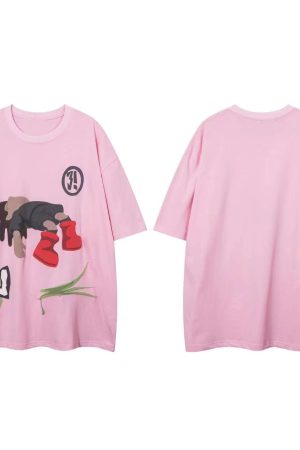 Unisex Cartoon Print Cotton Short-Sleeve T-Shirt - Trendy Loose Fit Round Neck for Couples - Summer 90s Style