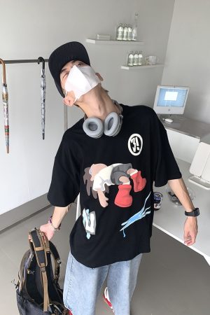 Unisex Cartoon Print Cotton Short-Sleeve T-Shirt - Trendy Loose Fit Round Neck for Couples - Summer 90s Style