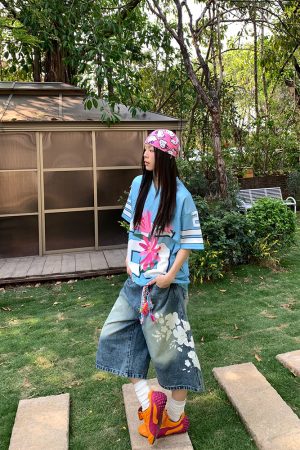 Unisex High Street Floral Print Washed Denim Shorts - Summer Straight Loose Wide-Leg 90s Style Seven-Point Pants