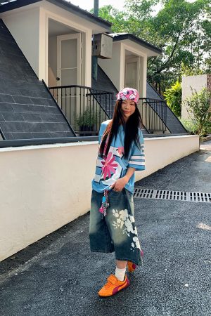 Unisex High Street Floral Print Washed Denim Shorts - Summer Straight Loose Wide-Leg 90s Style Seven-Point Pants