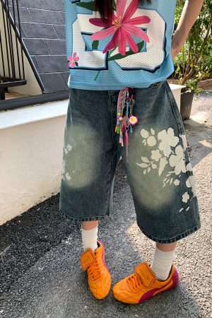 Unisex High Street Floral Print Washed Denim Shorts - Summer Straight Loose Wide-Leg 90s Style Seven-Point Pants