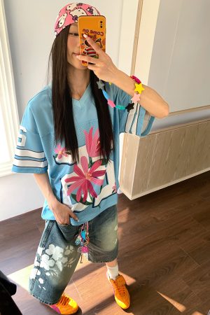 Unisex High Street Floral Print Washed Denim Shorts - Summer Straight Loose Wide-Leg 90s Style Seven-Point Pants