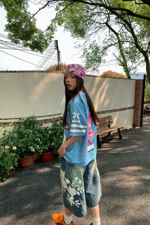 Unisex High Street Floral Print Washed Denim Shorts - Summer Straight Loose Wide-Leg 90s Style Seven-Point Pants