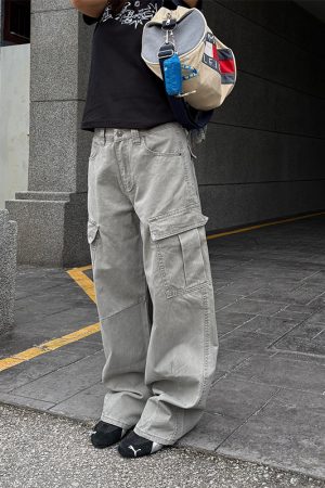 Unisex High Street Multi-Pocket Cargo Pants - Loose Fit, Curved Knife Design, Casual Washed Long Pants for 90s Y2K Style
