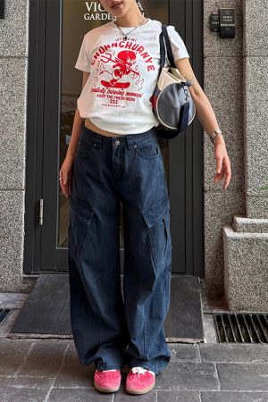 Unisex High Street Multi-Pocket Cargo Pants - Loose Fit, Curved Knife Design, Casual Washed Long Pants for 90s Y2K Style