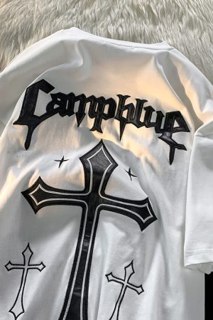 Unisex Hip-Hop Cross Short Sleeve T-Shirt - American Street Style, Plus Size, Loose Fit, Pure Cotton Couple Top