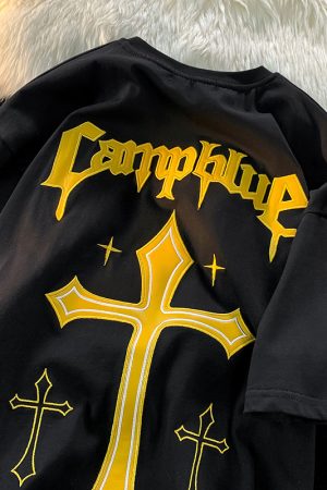 Unisex Hip-Hop Cross Short Sleeve T-Shirt - American Street Style, Plus Size, Loose Fit, Pure Cotton Couple Top