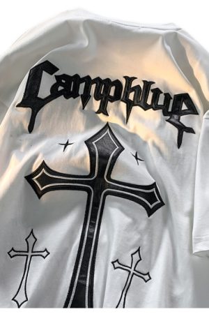 Unisex Hip-Hop Cross Short Sleeve T-Shirt - American Street Style, Plus Size, Loose Fit, Pure Cotton Couple Top