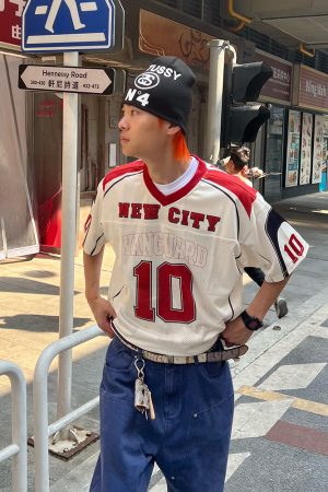 Unisex Loose Fit V-Neck Number 10 Printed Mesh Short Sleeve Jersey T-Shirt - American Style Streetwear Sports Top