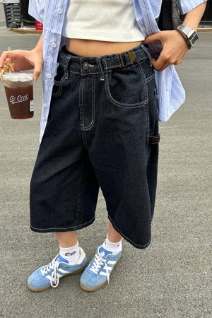 Unisex Retro American Denim 7-Point Wide-Leg Shorts - Trendy Loose Fit Summer Streetwear for a Casual Look