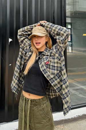 Unisex Retro Color-Block Brushed Plaid Long Sleeve Shirt Jacket - American Style Loose Fit for Summer Couples