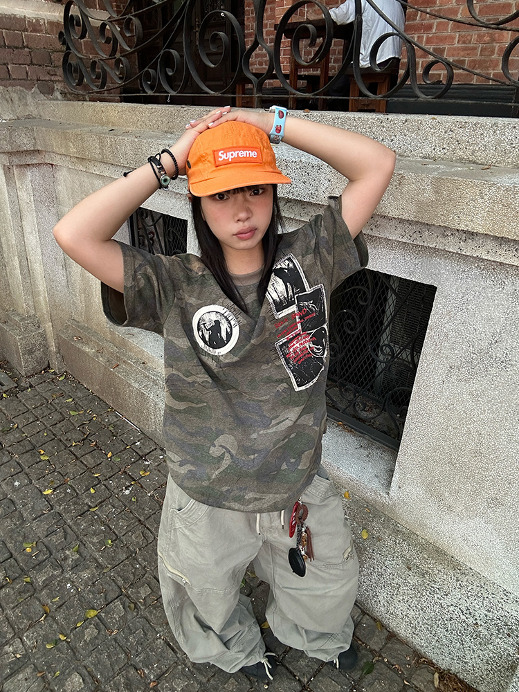 Unisex Retro Distressed Camouflage Patch Embroidered Short-Sleeve T-Shirt - Summer Casual Versatile Base Shirt for 90s Style