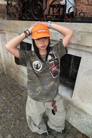 Unisex Retro Distressed Camouflage Patch Embroidered Short-Sleeve T-Shirt - Summer Casual Versatile Base Shirt for 90s Style