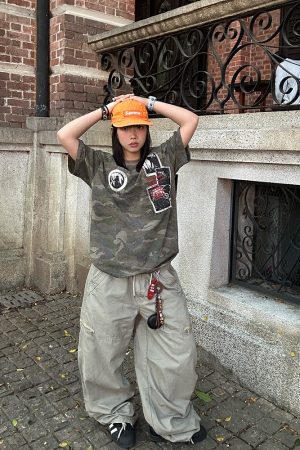 Unisex Retro Distressed Camouflage Patch Embroidered Short-Sleeve T-Shirt - Summer Casual Versatile Base Shirt for 90s Style