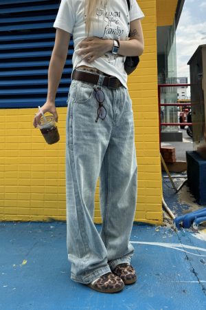 Unisex Retro Washed Distressed Straight Loose Denim Pants - Street Style Wide-Leg Ripped Casual Long Jeans