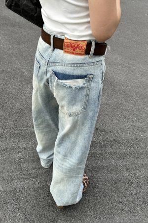 Unisex Retro Washed Distressed Straight Loose Denim Pants - Street Style Wide-Leg Ripped Casual Long Jeans