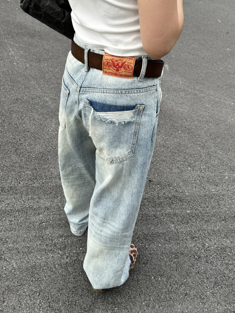 Unisex Retro Washed Distressed Straight Loose Denim Pants - Street Style Wide-Leg Ripped Casual Long Jeans Unisex Retro Washed Distressed Straight Loose Denim Pants - Street Style Wide-Leg Ripped Casual Long Jeans