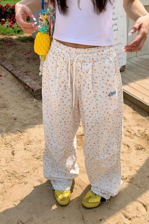 Unisex Star Print Drawstring Wide-Leg Pants - Casual Loose Fit Straight-Leg Trousers for Y2K American Style