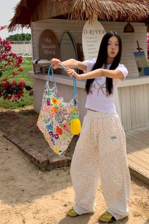 Unisex Star Print Drawstring Wide-Leg Pants - Casual Loose Fit Straight-Leg Trousers for Y2K American Style