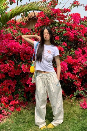 Unisex Star Print Drawstring Wide-Leg Pants - Casual Loose Fit Straight-Leg Trousers for Y2K American Style