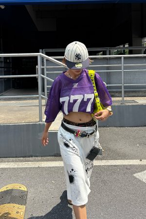 Unisex Summer Loose Fit V-Neck T-Shirt with Digital Number 7 Print - Breathable Mesh Jersey in American Style