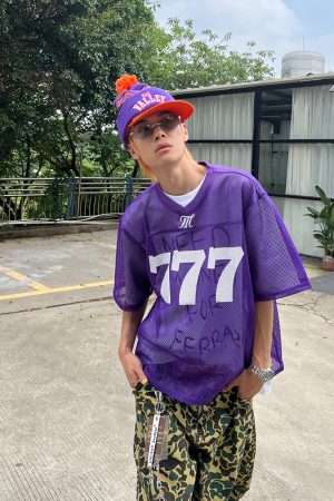 Unisex Summer Loose Fit V-Neck T-Shirt with Digital Number 7 Print - Breathable Mesh Jersey in American Style