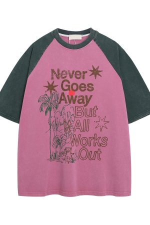 Unisex Summer Washed Letter Print Raglan T-Shirt, Casual Loose Fit Top, 90s American Style Short Sleeve Tee for Men and Women