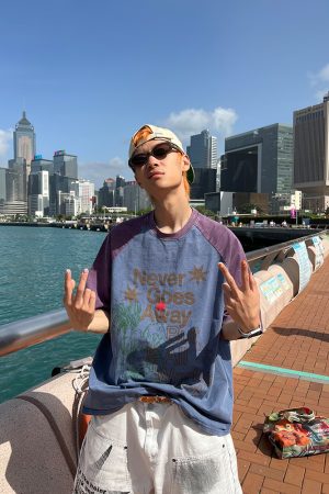 Unisex Summer Washed Letter Print Raglan T-Shirt, Casual Loose Fit Top, 90s American Style Short Sleeve Tee for Men and Women