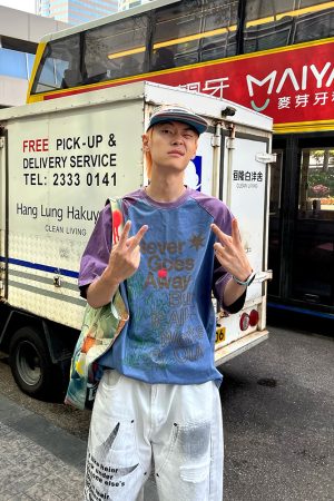 Unisex Summer Washed Letter Print Raglan T-Shirt, Casual Loose Fit Top, 90s American Style Short Sleeve Tee for Men and Women