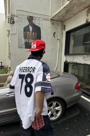 Unisex Vertical Striped Short Sleeve Shirt with Cartoon Embroidery, Color-Blocking, College Style, Baseball Inspired, Casual Fashion