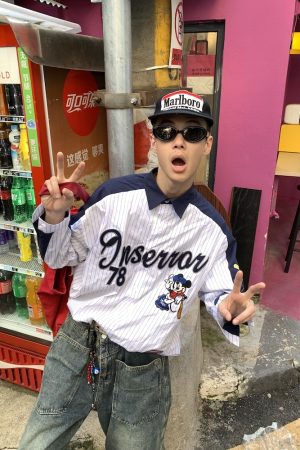 Unisex Vertical Striped Short Sleeve Shirt with Cartoon Embroidery, Color-Blocking, College Style, Baseball Inspired, Casual Fashion