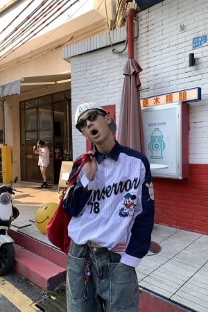 Unisex Vertical Striped Short Sleeve Shirt with Cartoon Embroidery, Color-Blocking, College Style, Baseball Inspired, Casual Fashion