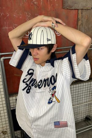 Unisex Vertical Striped Short Sleeve Shirt with Cartoon Embroidery, Color-Blocking, College Style, Baseball Inspired, Casual Fashion