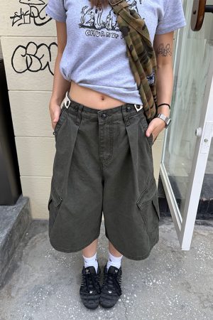 Unisex Vintage Distressed Work Shorts - American Style, Adjustable, Multi-Pocket, Summer Essential, 90s Inspired Fashion