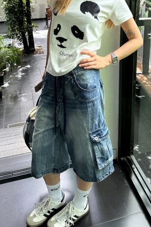 Unisex Vintage Street Style Multi-Pocket Denim Capri Pants - Summer Thin American Washed Loose Fit