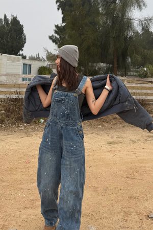 Unisex Water-Washed Denim Overalls - Retro Loose Straight-Leg Design for Men and Women, Street Style Bamboo Joint Spray Ink