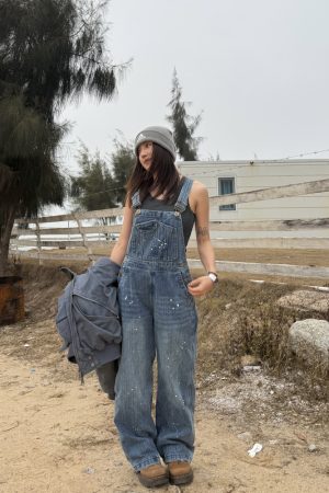 Unisex Water-Washed Denim Overalls - Retro Loose Straight-Leg Design for Men and Women, Street Style Bamboo Joint Spray Ink