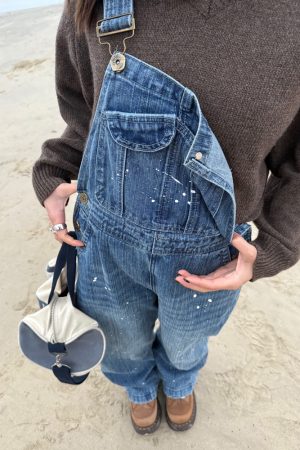 Unisex Water-Washed Denim Overalls - Retro Loose Straight-Leg Design for Men and Women, Street Style Bamboo Joint Spray Ink