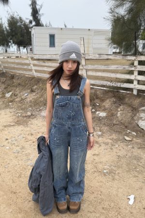 Unisex Water-Washed Denim Overalls - Retro Loose Straight-Leg Design for Men and Women, Street Style Bamboo Joint Spray Ink
