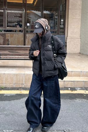 Unisex White Duck Down Jacket with Embroidered Slogan, Stand Collar, Loose Fit - Trendy Winter Coat for Men and Women