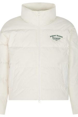 Unisex White Duck Down Jacket with Embroidered Slogan, Stand Collar, Loose Fit - Trendy Winter Coat for Men and Women