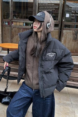 Unisex White Duck Down Jacket with Embroidered Slogan, Stand Collar, Loose Fit - Trendy Winter Coat for Men and Women