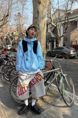 Unisex Wide-Leg Seven-Point Pants with Vintage Star Letter Print - Casual Loose Fit Summer Shorts