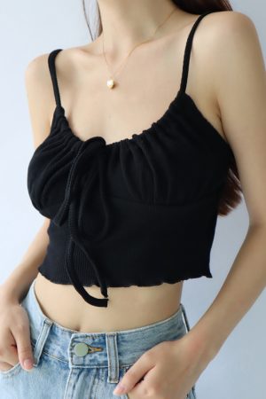 V-Neck Front Tie Solid Color Camisole for Women, High-Waisted Cropped Top, Summer Fashion, European American Style, Long Leg Showoff