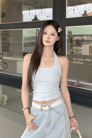 V-neck Long Sleeve Cover-up Halter Tank Top Set - Summer Sun Protection Women's 2-Piece Outfit - Casual Beach Style