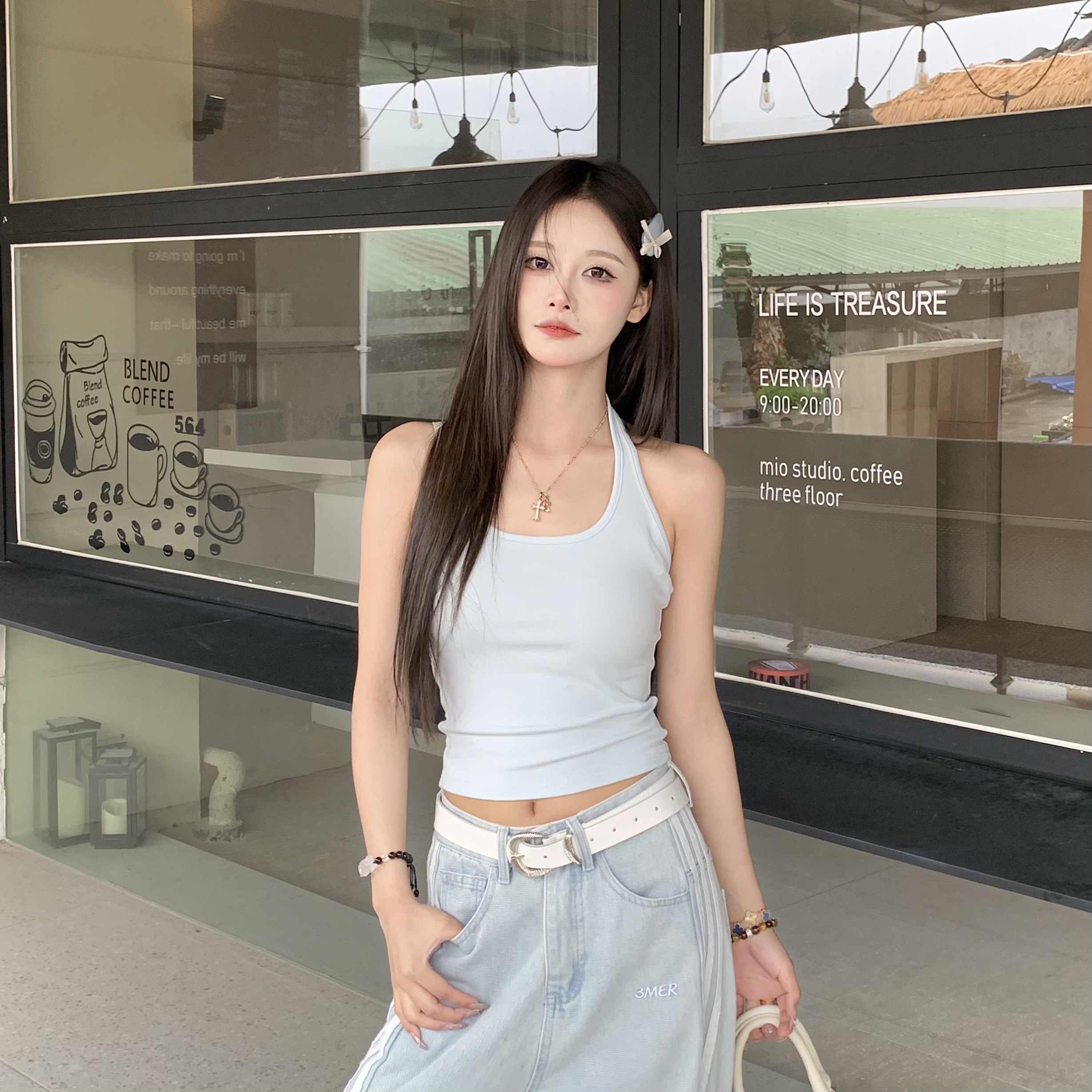 V-neck Long Sleeve Cover-up Halter Tank Top Set - Summer Sun Protection Women's 2-Piece Outfit - Casual Beach Style V-neck Long Sleeve Cover-up Halter Tank Top Set - Summer Sun Protection Women's 2-Piece Outfit - Casual Beach Style