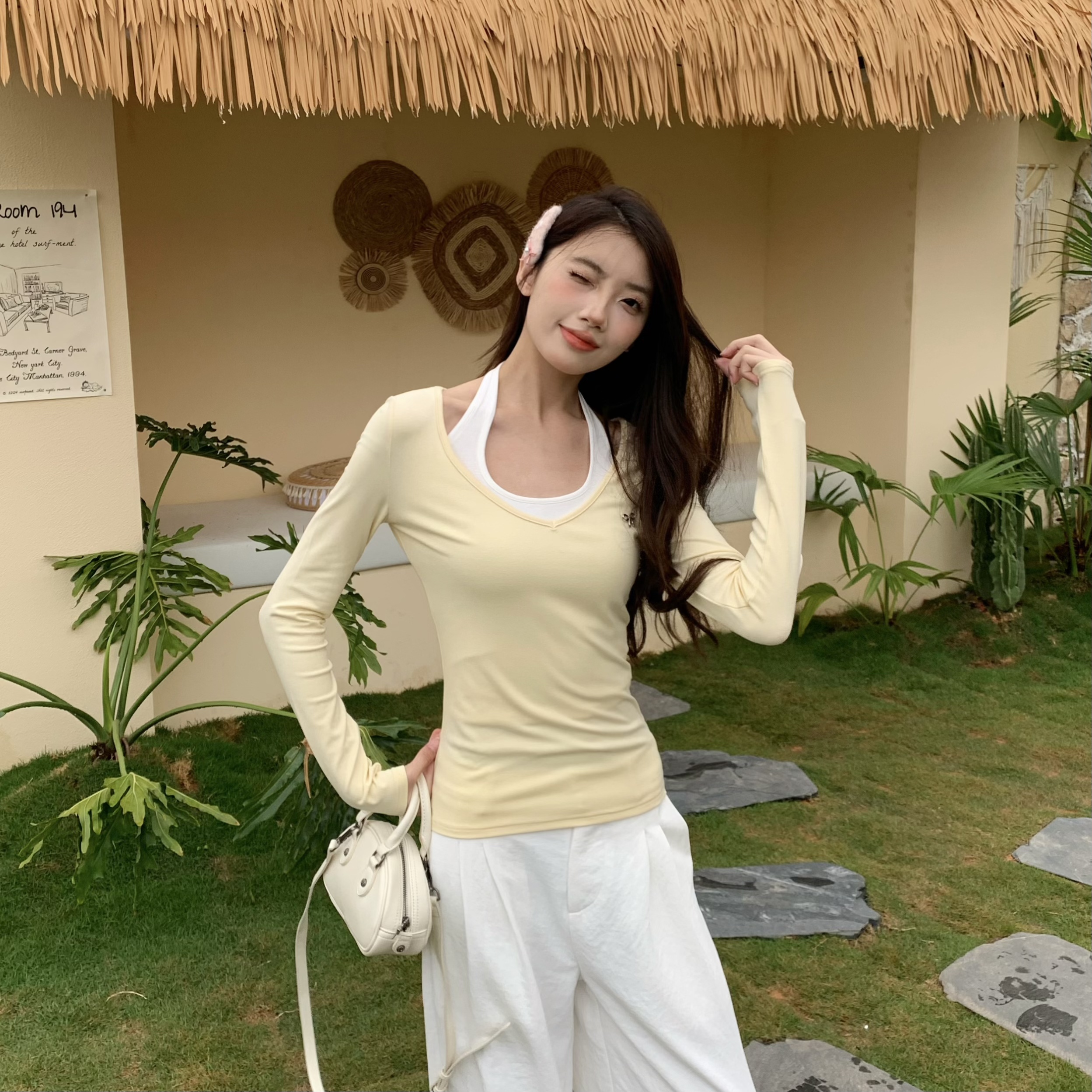 V-neck Long Sleeve Cover-up Halter Tank Top Set - Summer Sun Protection Women's 2-Piece Outfit - Casual Beach Style V-neck Long Sleeve Cover-up Halter Tank Top Set - Summer Sun Protection Women's 2-Piece Outfit - Casual Beach Style