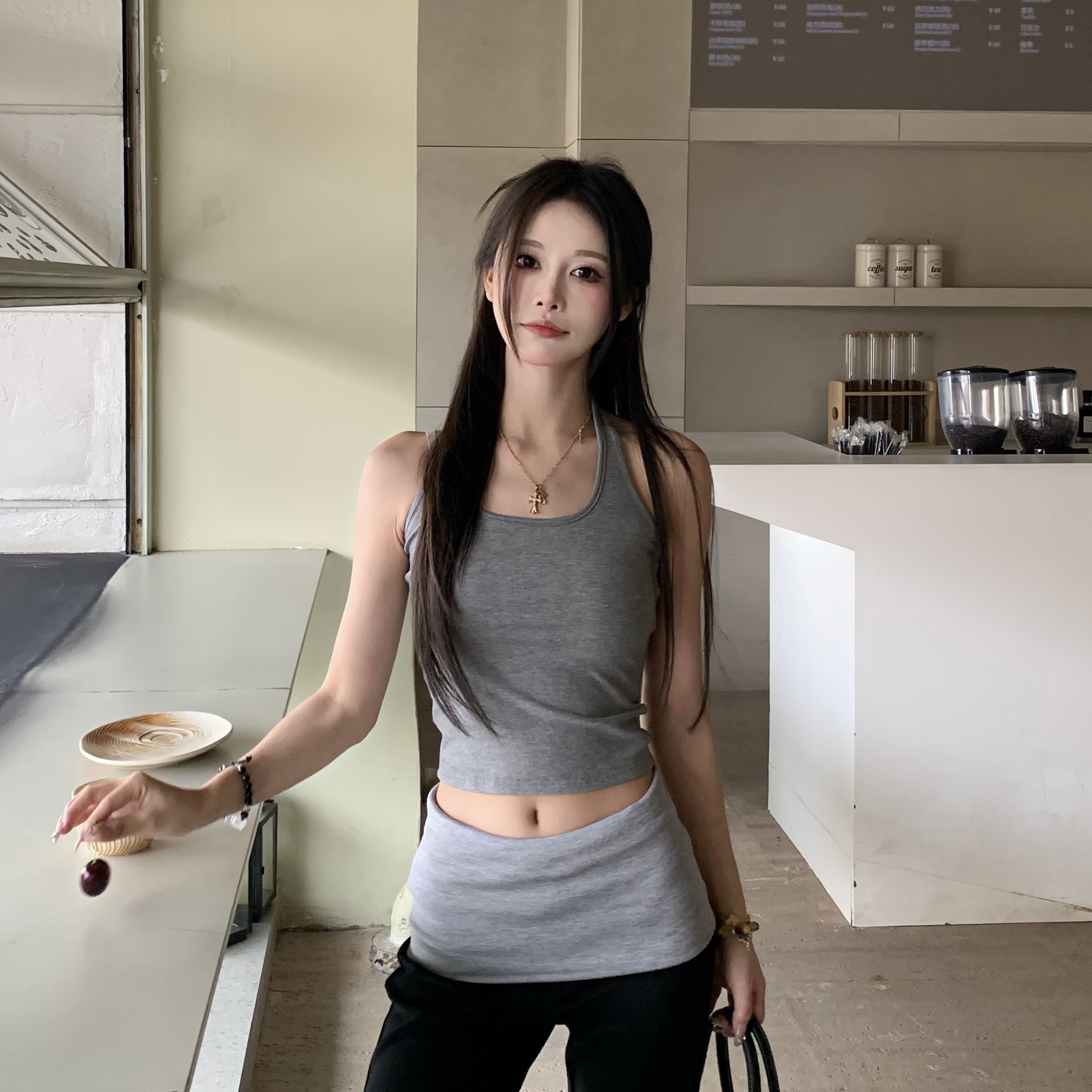 V-neck Long Sleeve Cover-up Halter Tank Top Set - Summer Sun Protection Women's 2-Piece Outfit - Casual Beach Style V-neck Long Sleeve Cover-up Halter Tank Top Set - Summer Sun Protection Women's 2-Piece Outfit - Casual Beach Style