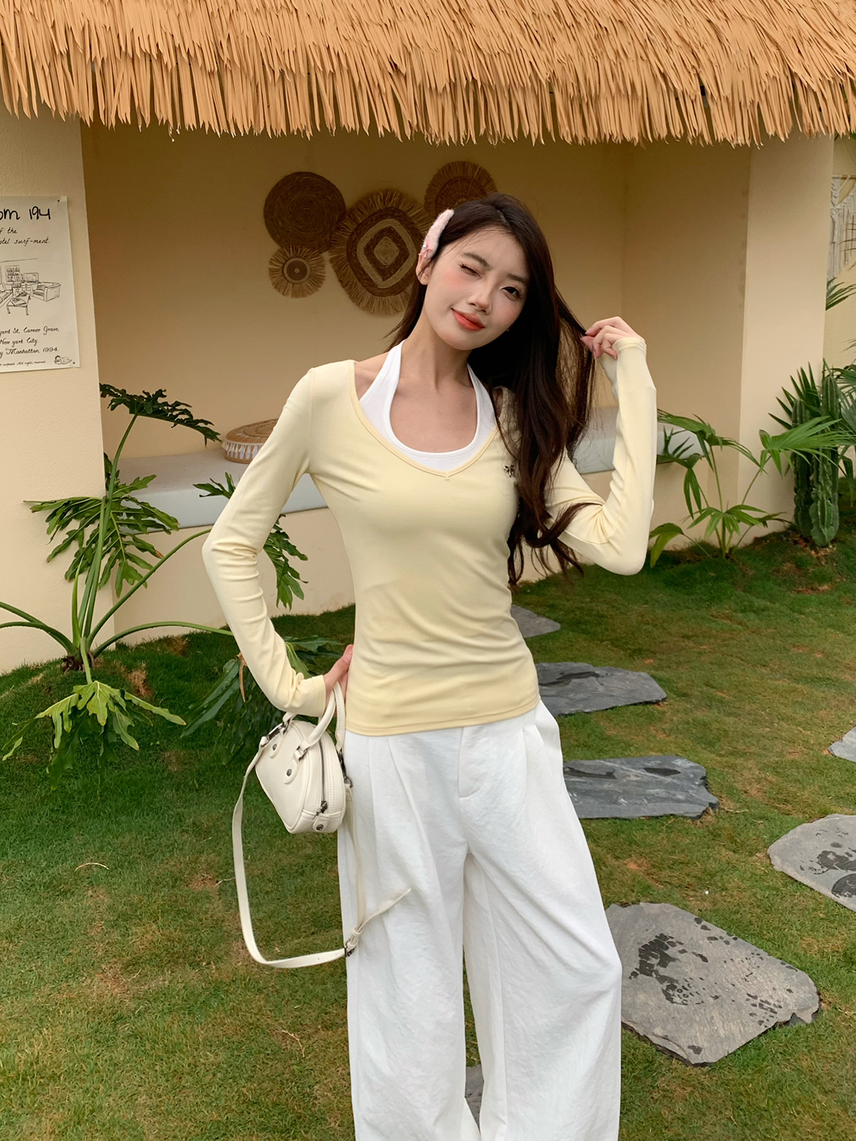 V-neck Long Sleeve Cover-up Halter Tank Top Set - Summer Sun Protection Women's 2-Piece Outfit - Casual Beach Style V-neck Long Sleeve Cover-up Halter Tank Top Set - Summer Sun Protection Women's 2-Piece Outfit - Casual Beach Style